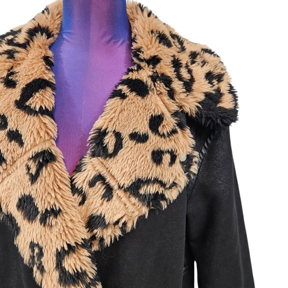 Avec Les Filles Crackle Faux Suede Animal Print Sherpa Midi Coat Size Medium - Picture 3 of 11
